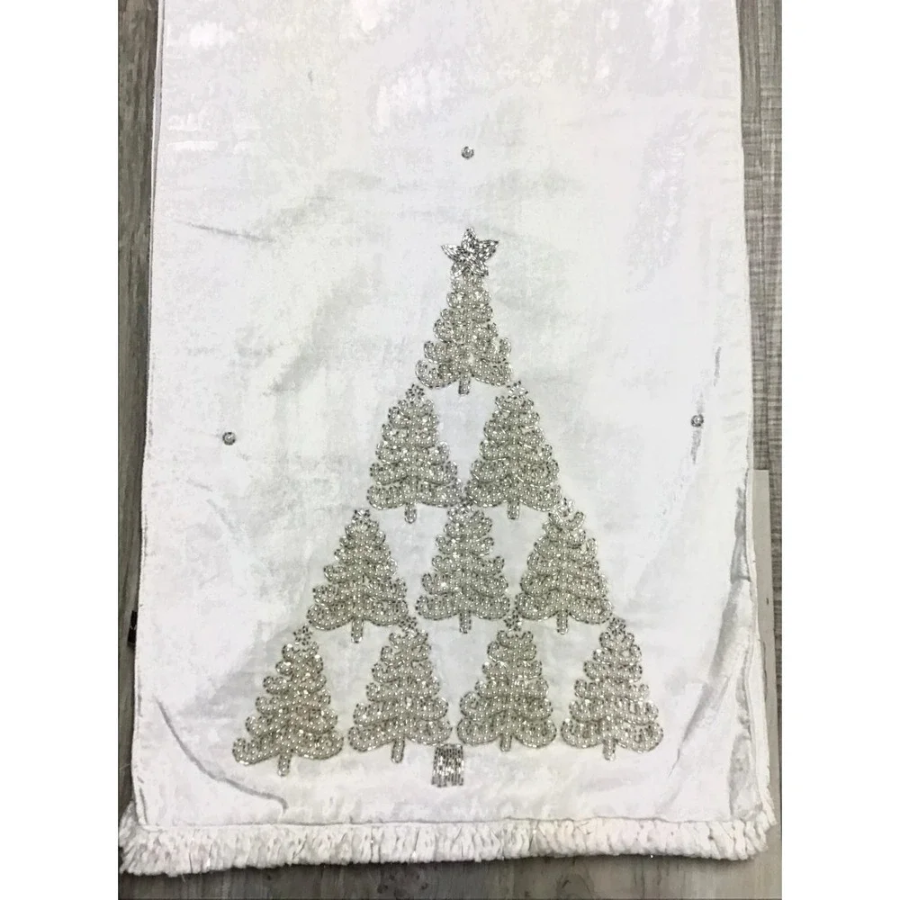Tahari Home White Velvet Beaded Christmas Tree Table Runner 16x72 Holiday Decor